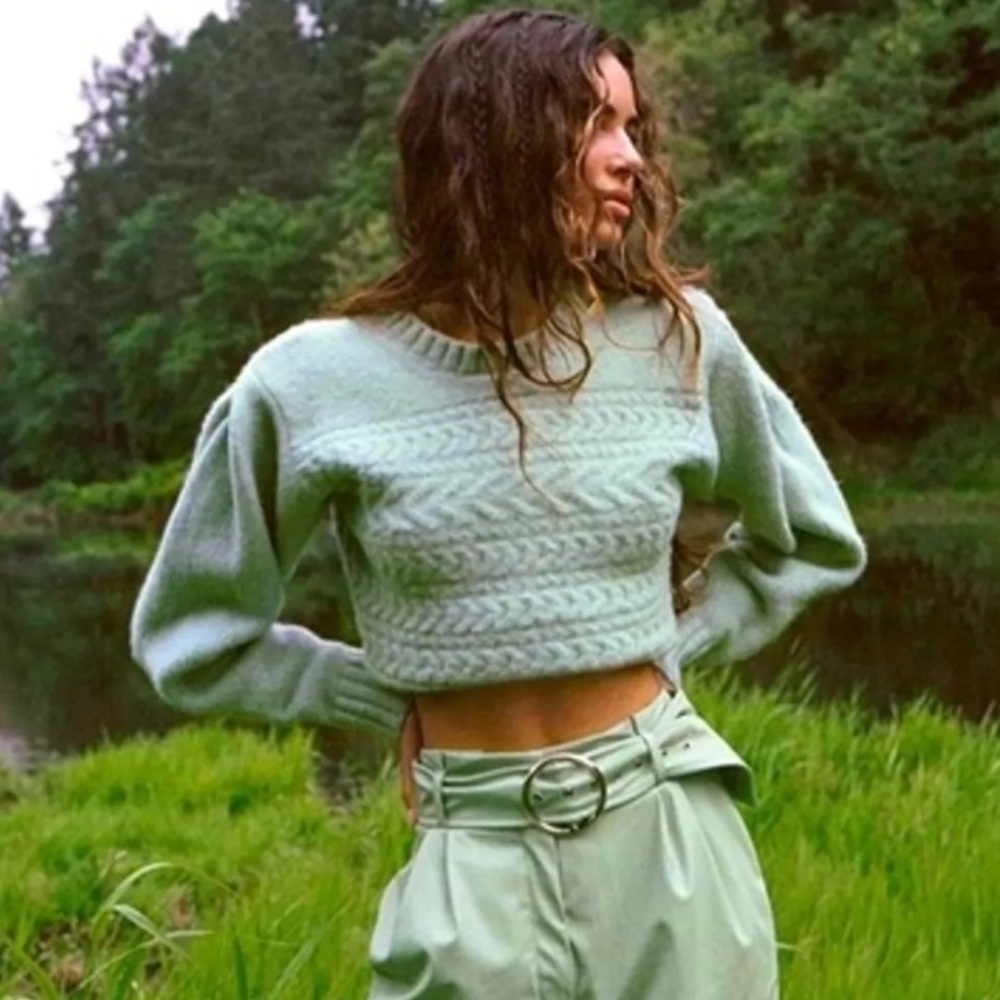 For Love & Lemons Mint Green Cable Knit Sweater